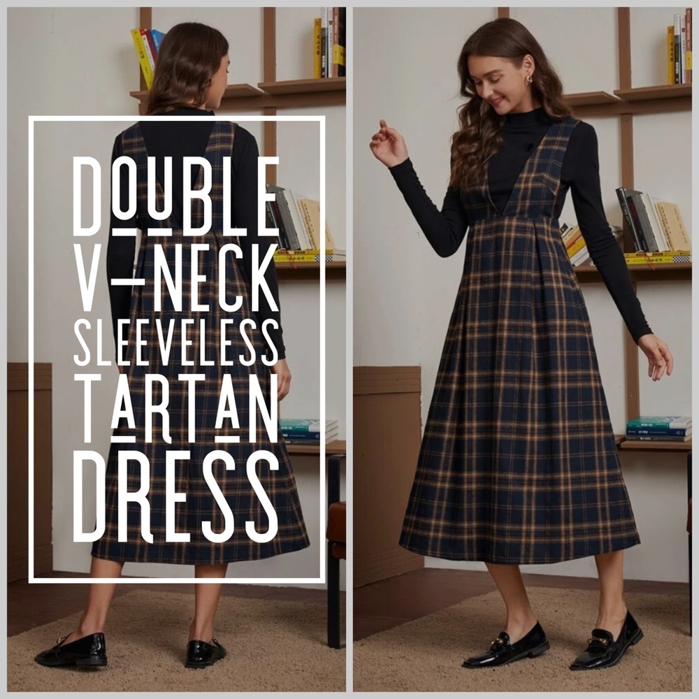 NWOT: Double V-Neck Sleeveless Tartan Dress